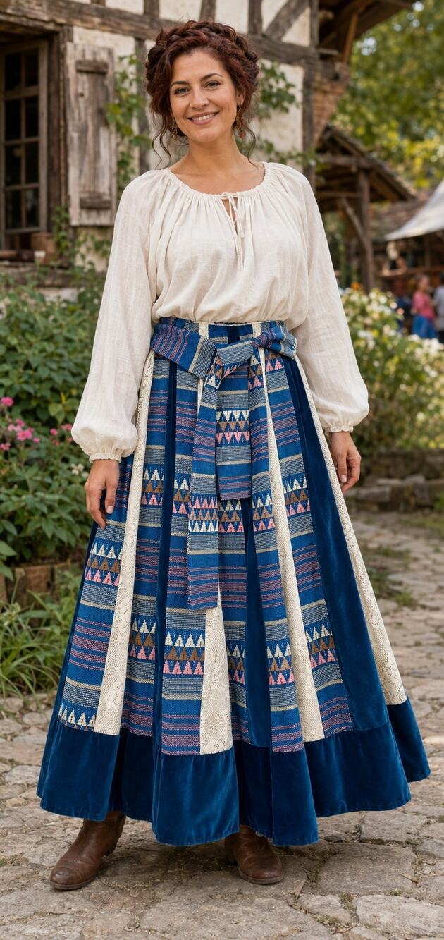 VTG 70s Chessa Davis Blue Velvet Lace Patchwork Maxi Skirt Sash Boho M L
